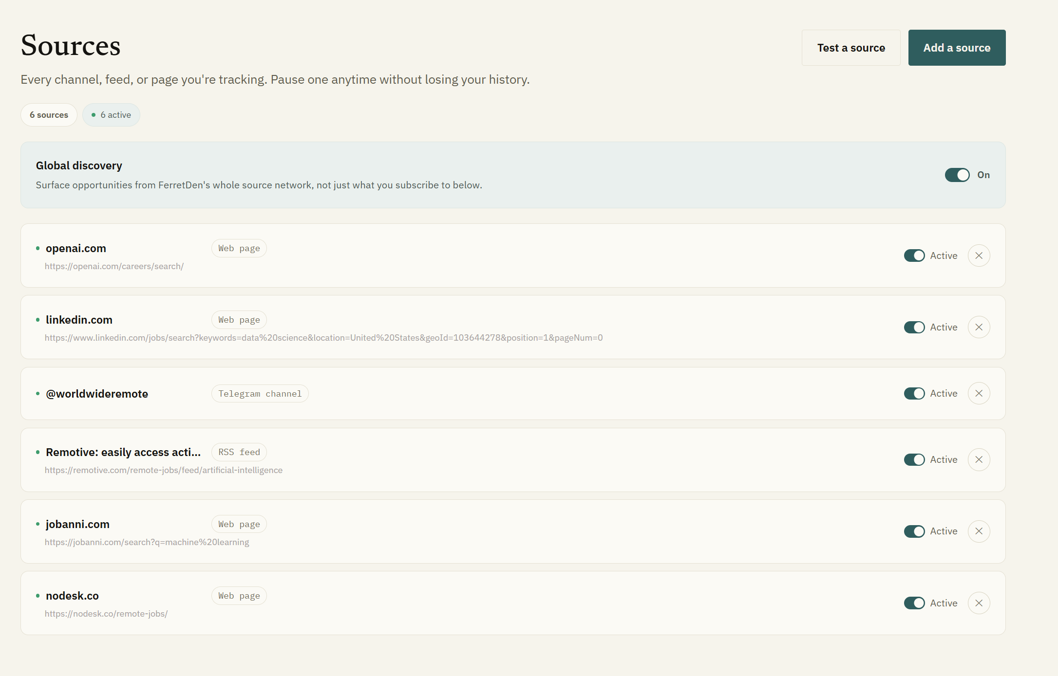 The FerretDen Sources dashboard, tracking a LinkedIn search, a Telegram channel, an RSS feed, and a company careers page